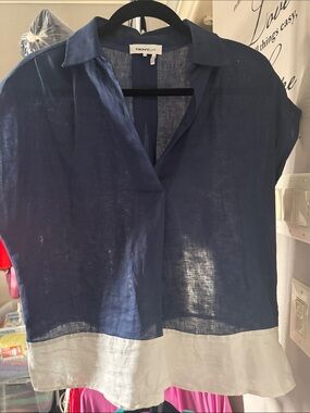 DKNY Navy and White Linen Colorblock Short-Sleeve Tunic